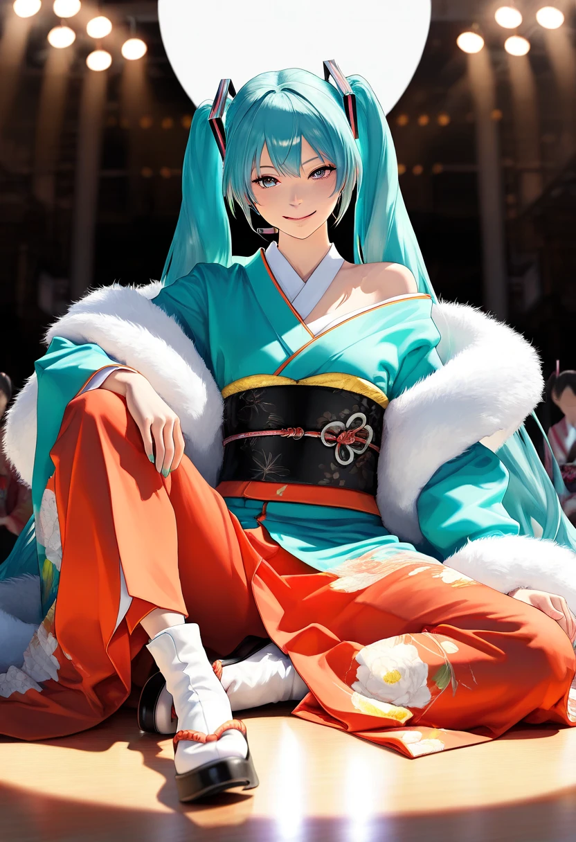 photorealism, full body, (Long-sleeved kimono, Fur shawl, off shoulder), (Vocaloid Hatsune Miku), blue eyes, creating a vibrant impression, away from the camera, anatomically correct, Sit with your knees up, spread legs, ((Masterpiece:1.2)), (Best Quality), (Photorealistic, Photorealistic:1.37), (Detailed), (Cute Illustration:1.5), (Very Beautiful Woman with Very Cute Smile), (Very Beautiful Symmetrical Face), (Excessively Mature Attractive Woman), (Strong Highlights in Eyes), (Surreal), (High Resolution), (32K), (Very Detailed), (Beautiful Detailed Eyes), (Official Art), {{Masterpiece, Best Quality, Highly Detailed CG, Uniform 8K high resolution, cinematic lighting}}, (beautiful and aesthetic:1.2), (anatomically normal, 8k, 16k, super detailed, aesthetic), (Illustration), (best Illustration), 8K, 3D, beautiful anime, joy, airy clean background, aesthetic atmosphere, muted tones, dramatic studio lighting, high contrast