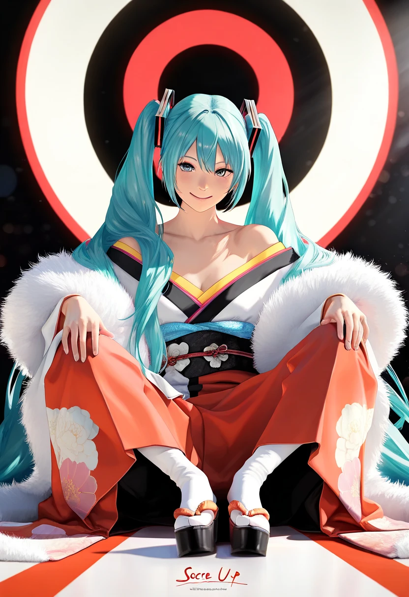 photorealism, full body, (Long-sleeved kimono, Fur shawl, off shoulder), (Vocaloid Hatsune Miku), blue eyes, creating a vibrant impression, away from the camera, anatomically correct, Sit with your knees up, spread legs, ((Masterpiece:1.2)), (Best Quality), (Photorealistic, Photorealistic:1.37), (Detailed), (Cute Illustration:1.5), (Very Beautiful Woman with Very Cute Smile), (Very Beautiful Symmetrical Face), (Excessively Mature Attractive Woman), (Strong Highlights in Eyes), (Surreal), (High Resolution), (32K), (Very Detailed), (Beautiful Detailed Eyes), (Official Art), {{Masterpiece, Best Quality, Highly Detailed CG, Uniform 8K high resolution, cinematic lighting}}, (beautiful and aesthetic:1.2), (anatomically normal, 8k, 16k, super detailed, aesthetic), (Illustration), (best Illustration), 8K, 3D, beautiful anime, joy, airy clean background, aesthetic atmosphere, muted tones, dramatic studio lighting, high contrast