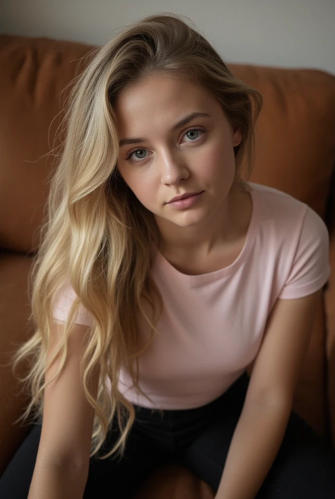   selfie of an 18-year-old very slim woman with long blond hair and grey-blue eyes,  sitting on a brown couch .  She is wearing black leggings and a pink t-shirt  .   the photo was taken slightly from above in front of her face  , Dusk photo 