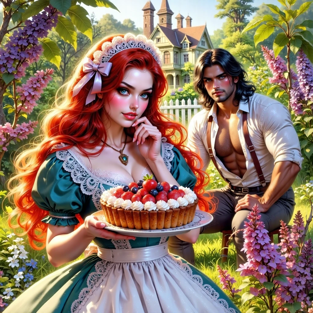  Glossing full-waist Full-body digital realistic illustration .  A beautiful 18-year-old flirting woman in a contrasting bright cotton maid dress with SHINY STRAIGHT red hair is standing on the grass,  in her hands is holding a dish with a big pie , looking right at the camera.  A handsome massive man with long black hair looks at her , in a white shirt ,pants and boots . A Victorian garden with lilac . Sunlight illuminates every blade of grass ,leaf, flower. BRIGHT,textural, three-dimensional , bright rich complementary colors .  flowing hair .textural.  correct anatomy proportions .right hands .  Model beautiful faces . Perfect for a book cover . The overall color palette is creating a vivid and haunting visual experience. The illustration is rich in detail, with textures, enhancing the realism of the scene.