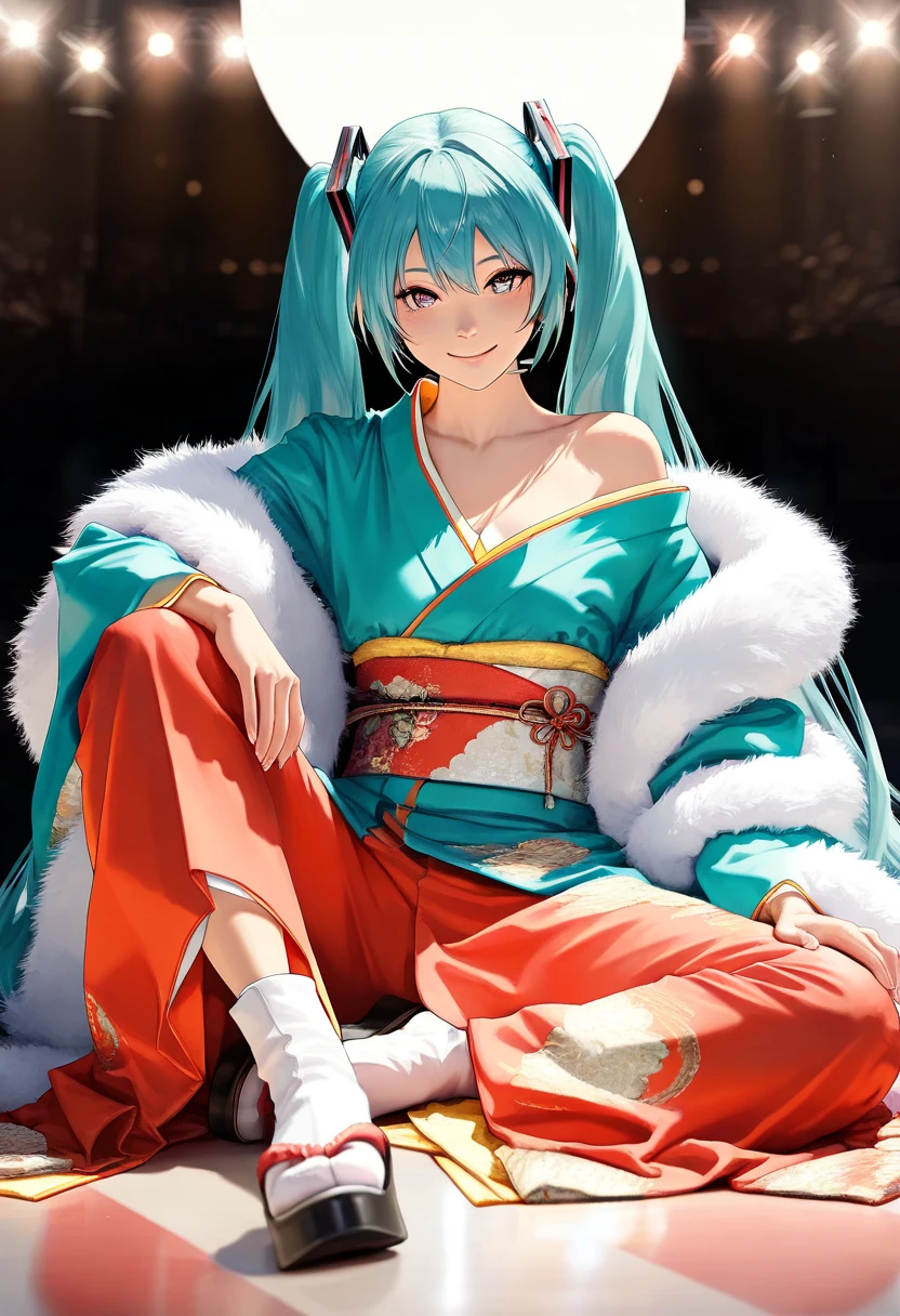 photorealism, full body, (Long-sleeved kimono, Fur shawl, off shoulder), (Vocaloid Hatsune Miku), blue eyes, creating a vibrant impression, away from the camera, anatomically correct, Sit with your knees up, spread legs, ((Masterpiece:1.2)), (Best Quality), (Photorealistic, Photorealistic:1.37), (Detailed), (Cute Illustration:1.5), (Very Beautiful female with Very Cute Smile), (Very Beautiful Symmetrical Face), (Excessively Attractive female), (Strong Highlights in Eyes), (Surreal), (High Resolution), (32K), (Very Detailed), (Beautiful Detailed Eyes), (Official Art), {{Masterpiece, Best Quality, Highly Detailed CG, Uniform 8K high resolution, cinematic lighting}}, (beautiful and aesthetic:1.2), (anatomically normal, 8k, 16k, super detailed, aesthetic), (Illustration), (best Illustration), 8K, 3D, beautiful anime, joy, airy clean background, aesthetic atmosphere, muted tones, dramatic studio lighting, high contrast