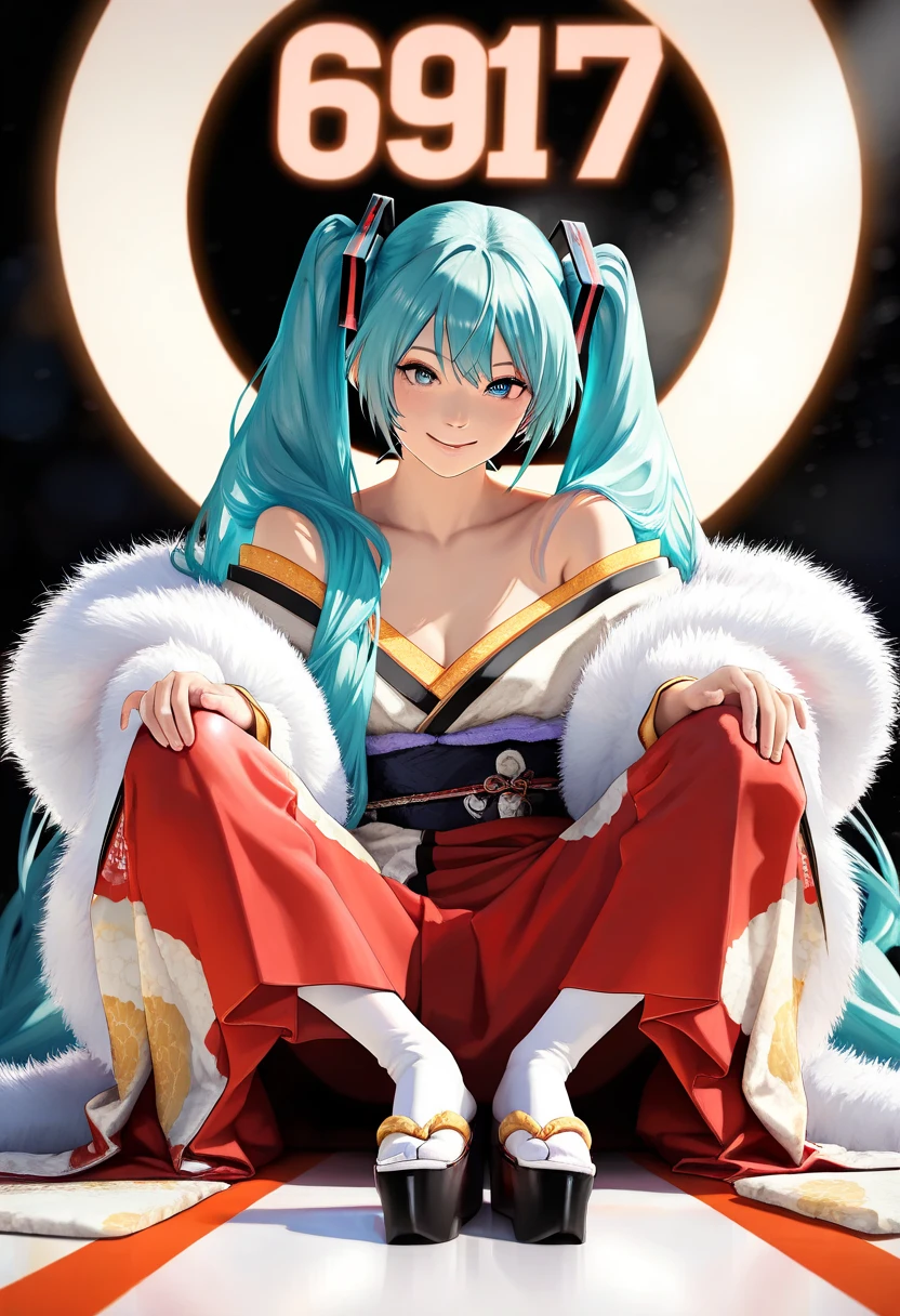 photorealism, full body, (Long-sleeved kimono, Fur shawl, off shoulder), (Vocaloid Hatsune Miku), blue eyes, creating a vibrant impression, away from the camera, anatomically correct, Sit with your knees up, spread legs, ((Masterpiece:1.2)), (Best Quality), (Photorealistic, Photorealistic:1.37), (Detailed), (Cute Illustration:1.5), (Very Beautiful female with Very Cute Smile), (Very Beautiful Symmetrical Face), (Excessively Attractive female), (Strong Highlights in Eyes), (Surreal), (High Resolution), (32K), (Very Detailed), (Beautiful Detailed Eyes), (Official Art), {{Masterpiece, Best Quality, Highly Detailed CG, Uniform 8K high resolution, cinematic lighting}}, (beautiful and aesthetic:1.2), (anatomically normal, 8k, 16k, super detailed, aesthetic), (Illustration), (best Illustration), 8K, 3D, beautiful anime, joy, airy clean background, aesthetic atmosphere, muted tones, dramatic studio lighting, high contrast