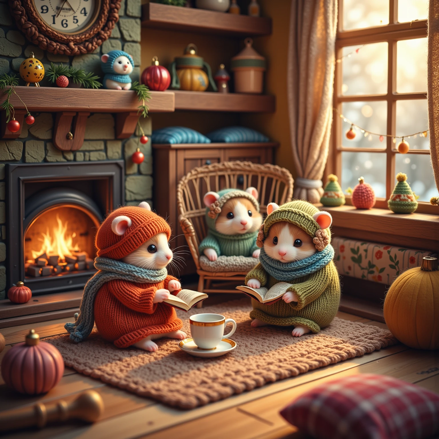 Imagine a delightful, heart-warming scene set in a small and cozy living room, tailored perfectly for adorable hamsters. The room is warmly lit with soft, golden light emanating from a small fireplace, casting charming shadows across a knitted rug. In this enchanting setting, several super cute hamsters, each wearing tiny, hand-knitted winter clothes in bright colors like red, blue, and green, are gathered. One hamster sits comfortably in a miniature rocking chair, wrapped in a tiny scarf and beanie, sipping from a delicate thimble filled with warm cocoa. Another hamster is snugly nestled inside a little hammock, wearing fuzzy earmuffs and reading a tiny book with immense concentration. An old-fashioned wooden radio plays gentle, merry tunes that fill the air with warmth. Outside frosted windows, you can see snow gently falling, adding to the serene and relaxing atmosphere. Hardwood floors and wooden furniture complete this picturesque scene, with colorful throw pillows scattered around for added comfort. The overall ambiance of this scene captures the essence of family warmth and the joy of a peaceful winter evening, inviting the viewer into a world where even the smallest creatures find joy and comfort in the simple pleasures of winter.
