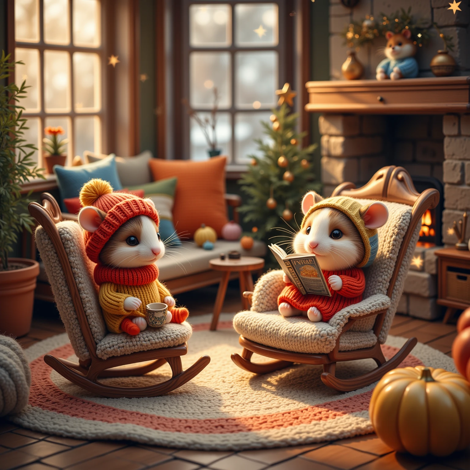 Imagine a delightful, heart-warming scene set in a small and cozy living room, tailored perfectly for adorable hamsters. The room is warmly lit with soft, golden light emanating from a small fireplace, casting charming shadows across a knitted rug. In this enchanting setting, several super cute hamsters, each wearing tiny, hand-knitted winter clothes in bright colors like red, blue, and green, are gathered. One hamster sits comfortably in a miniature rocking chair, wrapped in a tiny scarf and beanie, sipping from a delicate thimble filled with warm cocoa. Another hamster is snugly nestled inside a little hammock, wearing fuzzy earmuffs and reading a tiny book with immense concentration. An old-fashioned wooden radio plays gentle, merry tunes that fill the air with warmth. Outside frosted windows, you can see snow gently falling, adding to the serene and relaxing atmosphere. Hardwood floors and wooden furniture complete this picturesque scene, with colorful throw pillows scattered around for added comfort. The overall ambiance of this scene captures the essence of family warmth and the joy of a peaceful winter evening, inviting the viewer into a world where even the smallest creatures find joy and comfort in the simple pleasures of winter.
