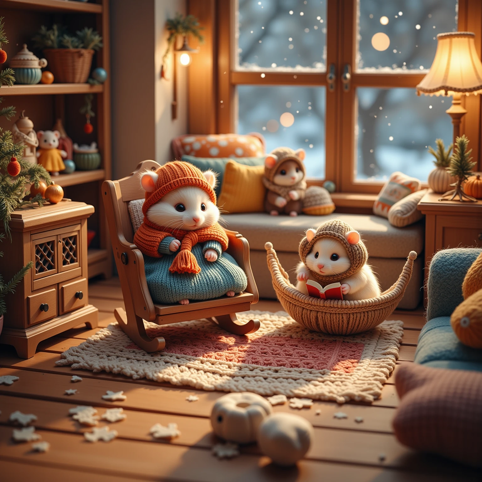 Imagine a delightful, heart-warming scene set in a small and cozy living room, tailored perfectly for adorable hamsters. The room is warmly lit with soft, golden light emanating from a small fireplace, casting charming shadows across a knitted rug. In this enchanting setting, several super cute hamsters, each wearing tiny, hand-knitted winter clothes in bright colors like red, blue, and green, are gathered. One hamster sits comfortably in a miniature rocking chair, wrapped in a tiny scarf and beanie, sipping from a delicate thimble filled with warm cocoa. Another hamster is snugly nestled inside a little hammock, wearing fuzzy earmuffs and reading a tiny book with immense concentration. An old-fashioned wooden radio plays gentle, merry tunes that fill the air with warmth. Outside frosted windows, you can see snow gently falling, adding to the serene and relaxing atmosphere. Hardwood floors and wooden furniture complete this picturesque scene, with colorful throw pillows scattered around for added comfort. The overall ambiance of this scene captures the essence of family warmth and the joy of a peaceful winter evening, inviting the viewer into a world where even the smallest creatures find joy and comfort in the simple pleasures of winter.
