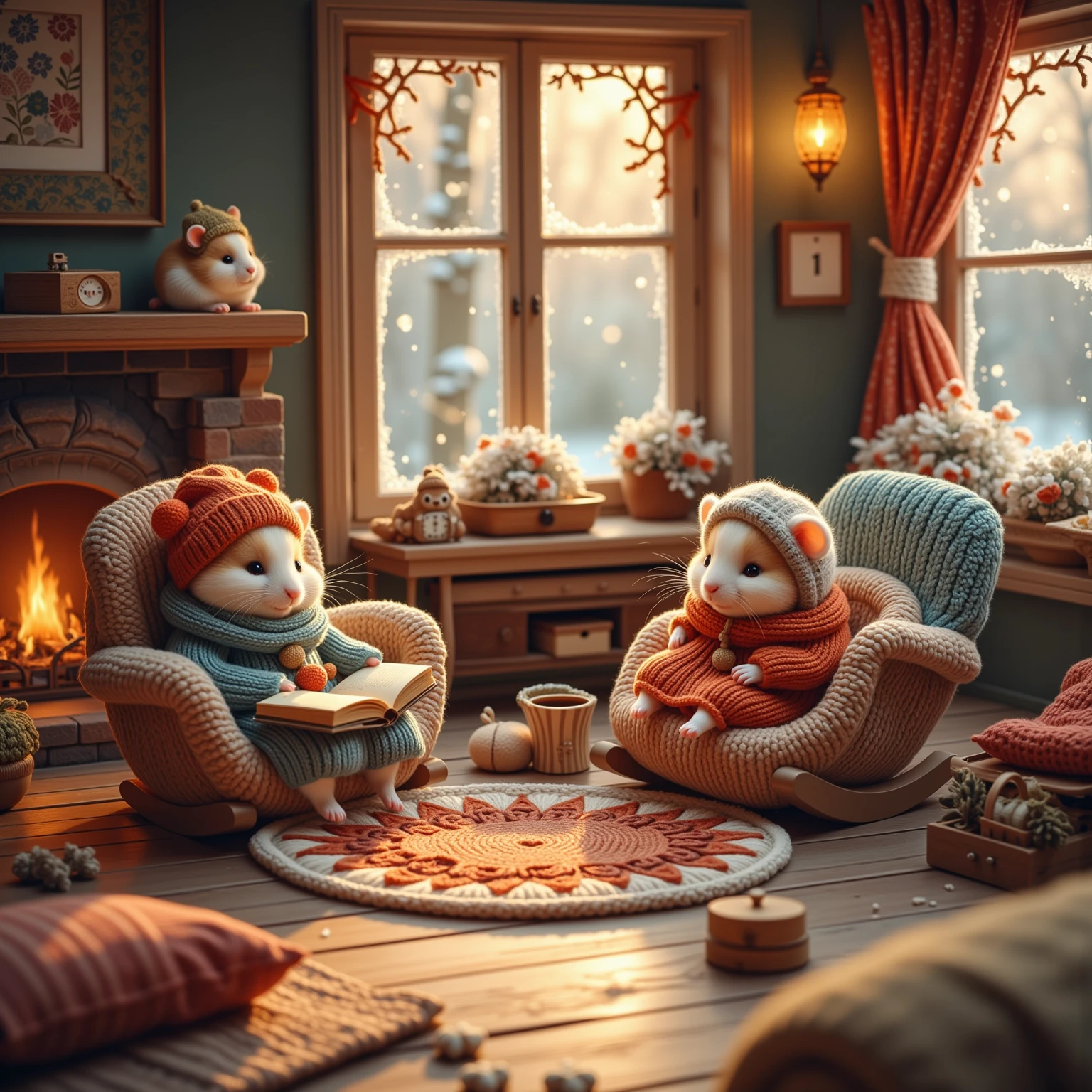 Imagine a delightful, heart-warming scene set in a small and cozy living room, tailored perfectly for adorable hamsters. The room is warmly lit with soft, golden light emanating from a small fireplace, casting charming shadows across a knitted rug. In this enchanting setting, several super cute hamsters, each wearing tiny, hand-knitted winter clothes in bright colors like red, blue, and green, are gathered. One hamster sits comfortably in a miniature rocking chair, wrapped in a tiny scarf and beanie, sipping from a delicate thimble filled with warm cocoa. Another hamster is snugly nestled inside a little hammock, wearing fuzzy earmuffs and reading a tiny book with immense concentration. An old-fashioned wooden radio plays gentle, merry tunes that fill the air with warmth. Outside frosted windows, you can see snow gently falling, adding to the serene and relaxing atmosphere. Hardwood floors and wooden furniture complete this picturesque scene, with colorful throw pillows scattered around for added comfort. The overall ambiance of this scene captures the essence of family warmth and the joy of a peaceful winter evening, inviting the viewer into a world where even the smallest creatures find joy and comfort in the simple pleasures of winter.
