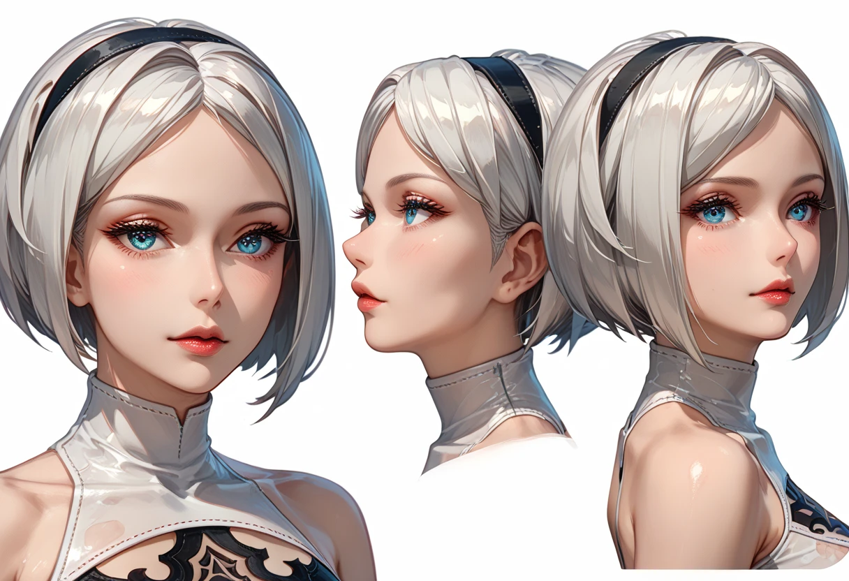 character sheet desing lady 2b from nier automata, only head. beauty face, perfect proportion, beauty, ultra detailed face. view: front view, back view and (orthogonal side view) . (only head view) 3 views. beauty eyes. (((orthogonal views))), no perspetive only orthogonal views. straight head, orthogonal view. symmetry. only 3 views, only orthogonal views