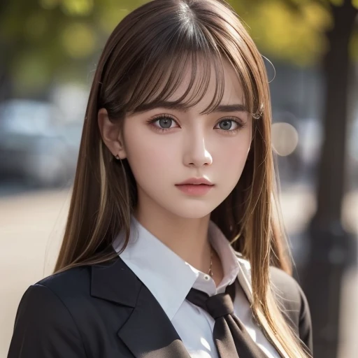  top quality,   ultra high definition , ( Photorealistic :1.4),  One Girl , Button-down shirt, black skirt, School,  dark brown hair , chest, (Blonde:1.2),  Watch Viewers , ( very detailed face :1.1),,  (pureerosface_v1:0.8), tiktok,  