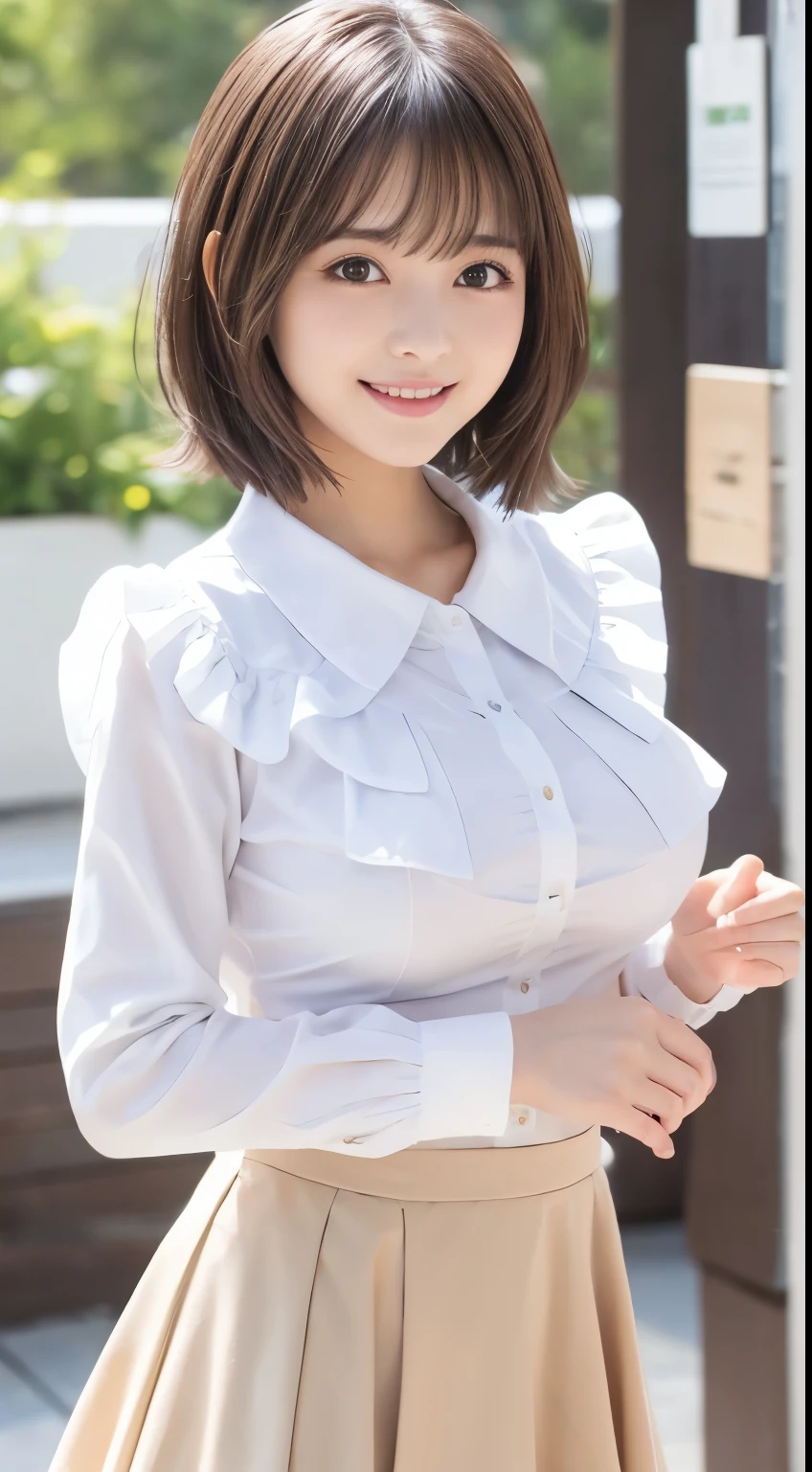 .................,, In front of school、 skirt 、white long-sleeved shirt with ruffles on the chest、格子柄 skirt 、On, , sakimichan,, cute and cute, , nice smile, sakimichan hdri、Lori、 boobs、Beautiful breasts 、,(Big Breasts:1.20),(:1)、 brown hair 、 brown hair の髪、、 shorthair 、Cute pose、 close your mouth