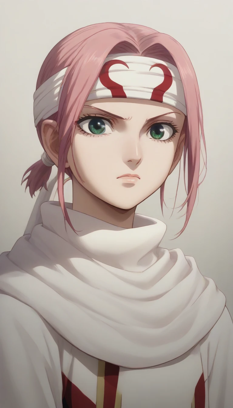  pink hair green eyes short hair tied hair expressionless  score_9, score_8_up, score_7_up, 1girl, kyoukai ((((cowl)))) headband