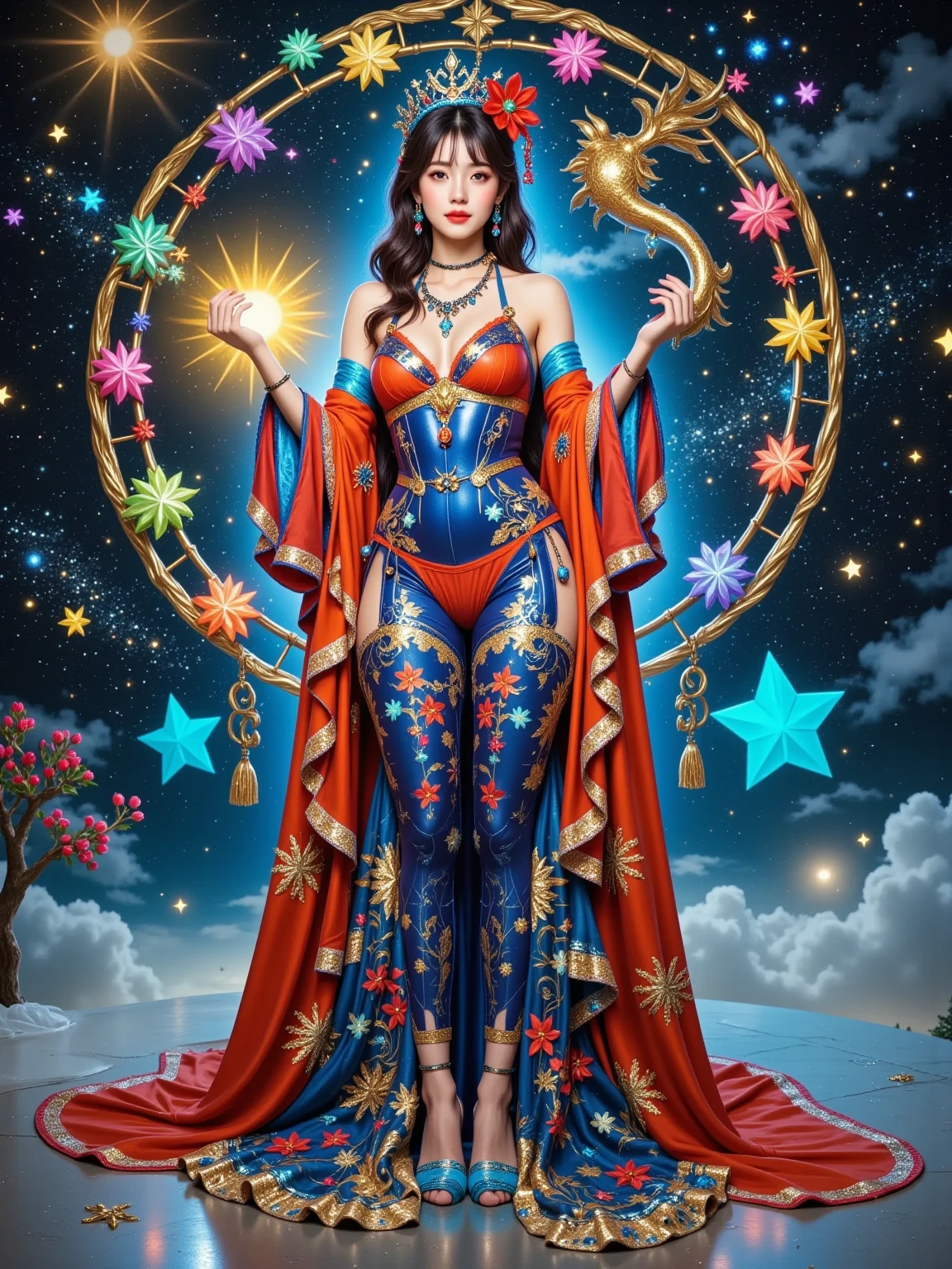 A hyper-realistic digital painting of a boho woman standing in the foreground, her flowing, artistic attire adorned with intricate mandala and zodiac designs. The vibrant colors and detailed patterns of her clothing seamlessly merge with the surrounding environment, where the mandala and zodiac map come to life, intertwining in a cosmic dance of rich, vivid hues. The entire scene, with its intricate details and luminous textures, evokes the artistic style of Gustav Klimt, creating a breathtaking fusion of the real and the conceptual. The background is an ethereal blend of the cosmos, with stars and celestial patterns, adding depth and a sense of mysticism to the composition, which feels both cinematic and otherworldly