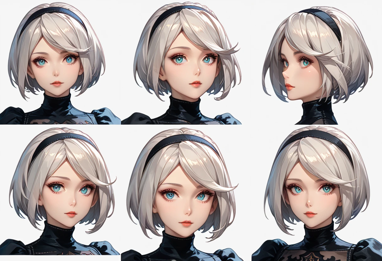 character sheet desing lady 2b from nier automata, only head. beauty face, perfect proportion, beauty, ultra detailed face. view: front view, back view and (orthogonal side view) . (only head view) 3 views. beauty eyes. (((orthogonal views))), no perspetive only orthogonal views. straight head, orthogonal view. symmetry. only 3 views, only orthogonal views 