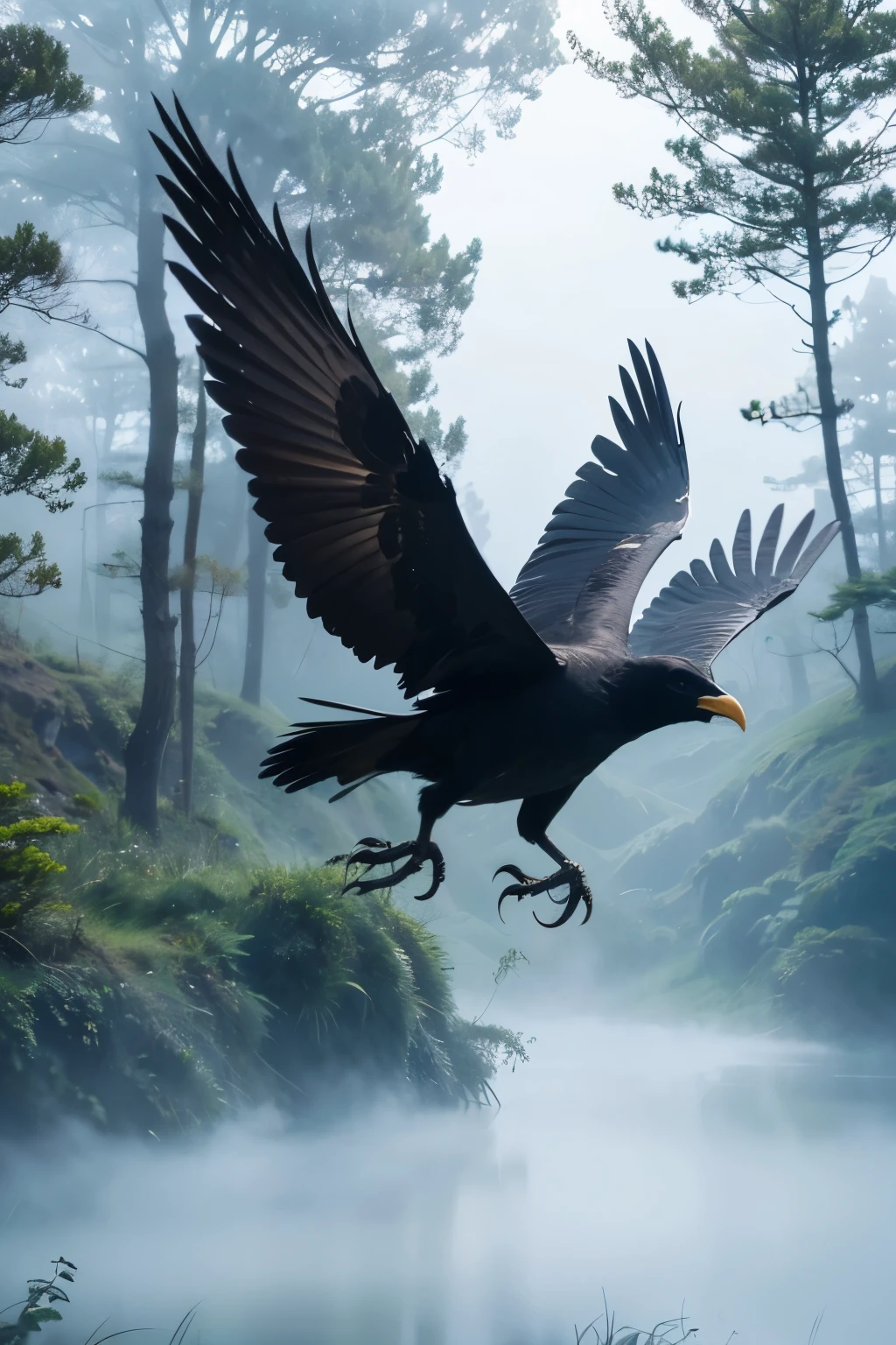 Very detailed、 very beautiful 、 top quality、8k、Mysterious and fantastic images 、 in a misty forest deep in the mountains 、 a giant crow with 3 legs is flying low、Flying at a tremendous speed 