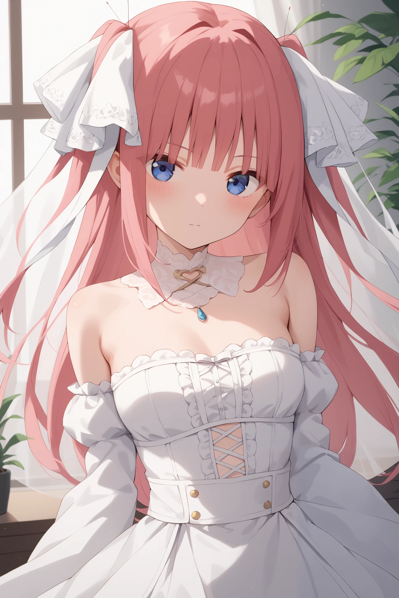ninonakano, <lora:ninonakanotest:1>, nino nakano, long hair, bangs, blue eyes, hair ornament, hair ribbon, pink hair, blunt bangs, two side up, butterfly hair ornament,
BREAK gloves, dress, cleavage, bare shoulders, collarbone, elbow gloves, white gloves, white dress, strapless, tiara, veil, strapless dress, wedding dress, bridal veil,
BREAK indoors, church,
BREAK looking at viewer, BREAK <lora:GoodHands-vanilla:1>, (masterpiece:1.2), best quality, high resolution, unity 8k wallpaper, (illustration:0.8), (beautiful detailed eyes:1.6), extremely detailed face, perfect lighting, extremely detailed CG, (perfect hands, perfect anatomy),