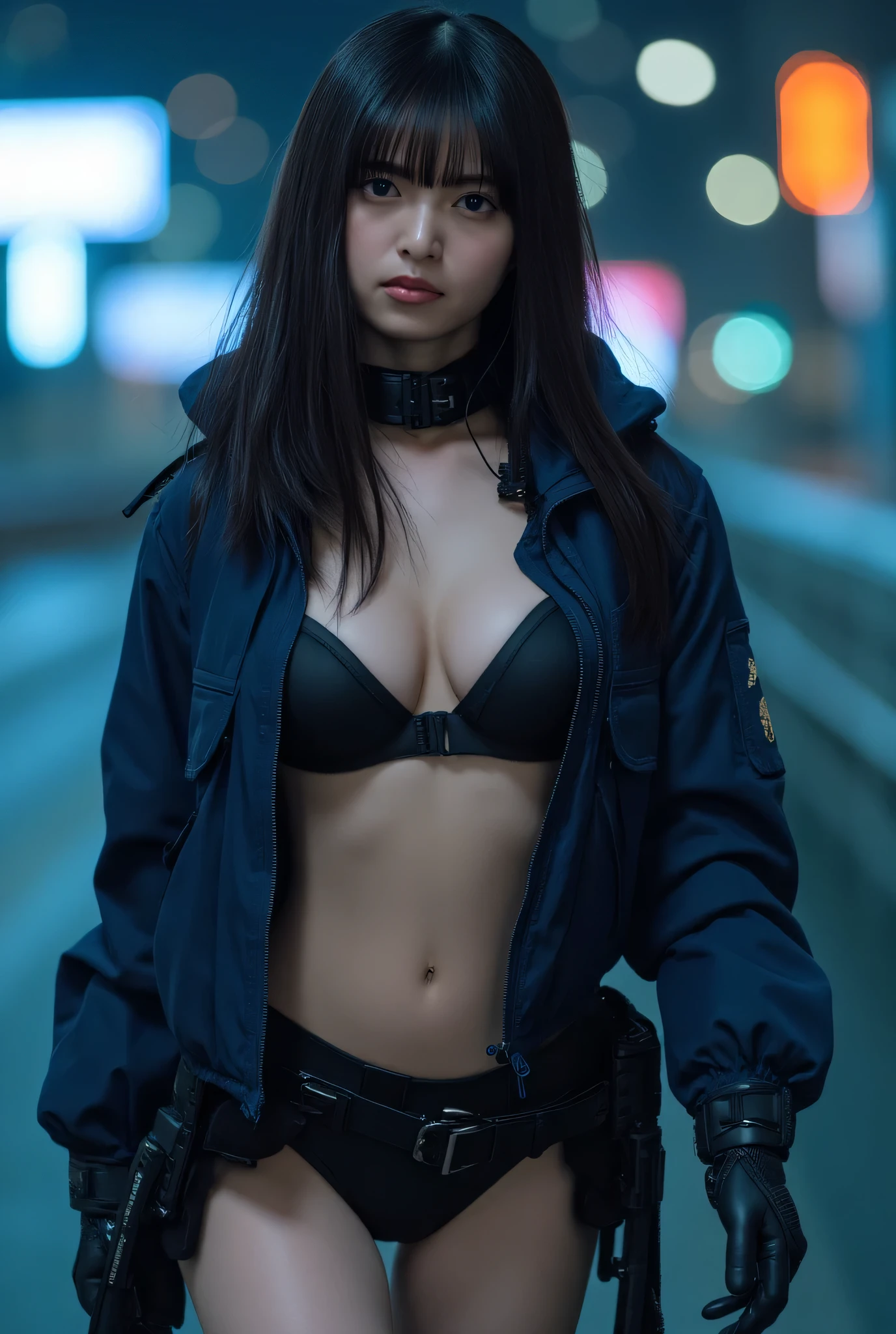 {{Masterpiece、best quality、Very detailed CG、16 ก、film light、lens flare}}、blurred background、wearing top black bikini (One women soldier aimsing a huge rifle)、realistic:1.4、black short hair 、blue eyeany weaponilitary helicopter:1.6))、special forces、war、Shinjuku at night、from above view、aims、aims、Knee shot、Wide viewing angle、Fight zombies