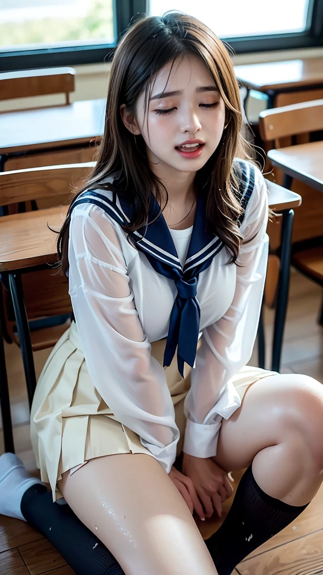 ((highest quality、muste piece、High resolution))、(((Zoom photo from above:2.5、high school girl、sailor suit、cute smile:1.5、semen:1.5、wet body:1.5、wet hair:1.5、big breasts、inside the classroom、trimmed bangs、ponytail hair)))