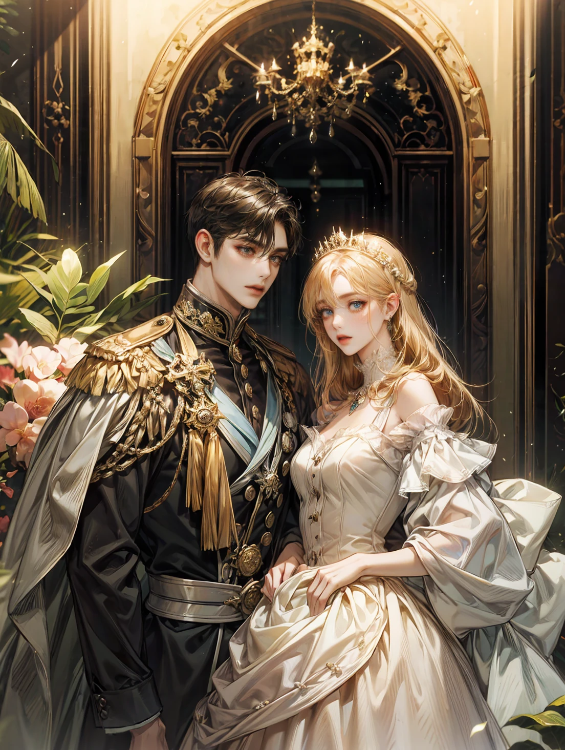 (1 man and 1 woman looking at each other on the arch bridge), Couple, princess, Crown Prince, Cathedral backdrop,bridal veil,wedding dress,An arrogant face