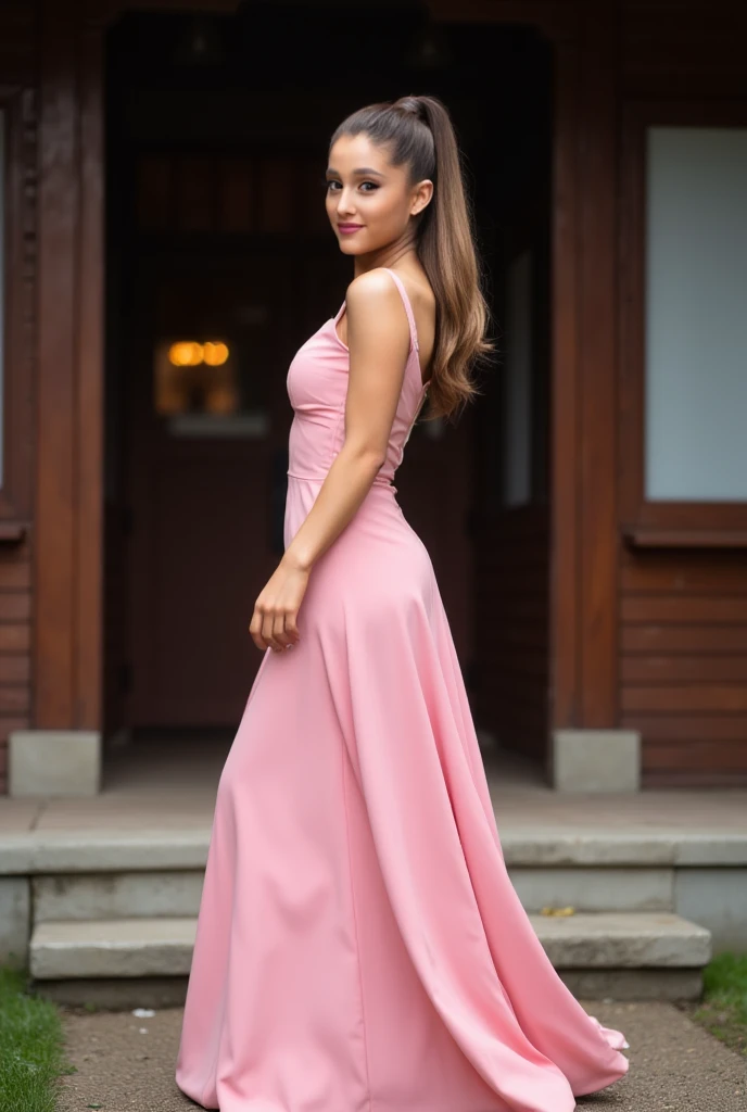 photo of a woman, smiling, high ponytail,light makeup, wearing a conservative pink gown, outside the front door of a house, frontview, looking at camera, seducing 