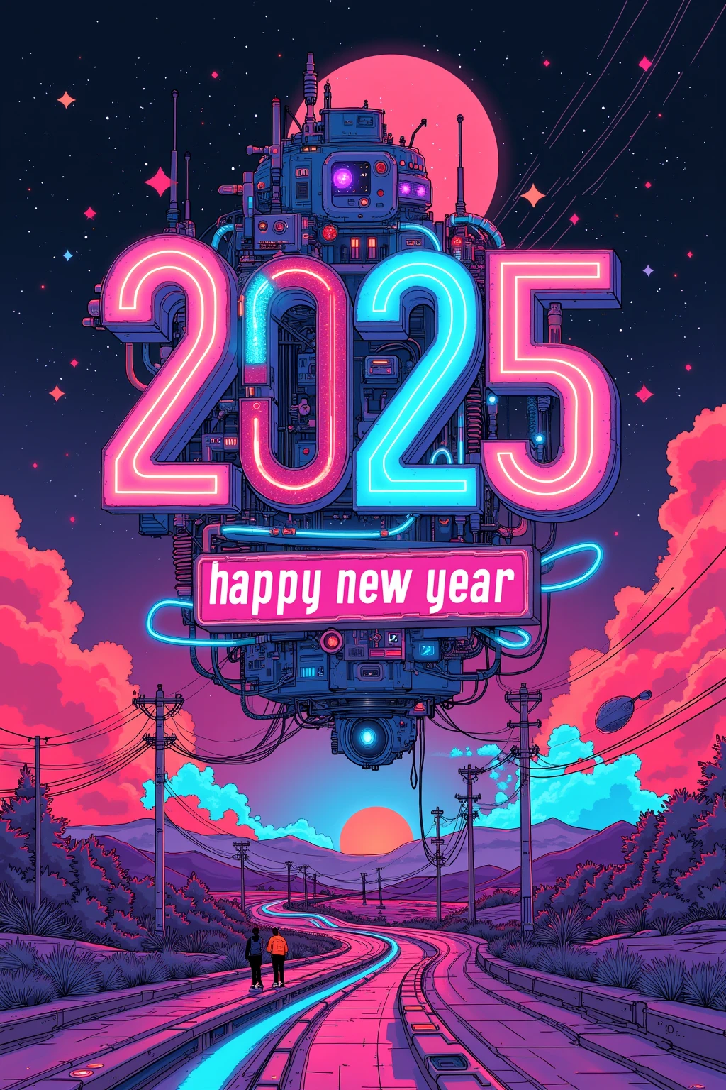 "2025  happy new year" Posters Celebrating the New Year with , Design Combining Past and Future , Retrofuturism , Letters as Headlines {x} Geometric and colorful designs that reinterpret 1980s elements in a modern way,Future Dusk , Transcendent Pink ,  Dynamic Typography , Gradients and Metallic Effects on Posters , Reed Glass-like Transparency 