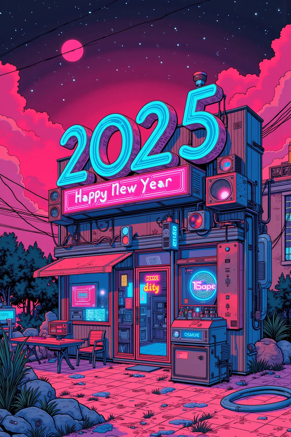 "2025  happy new year" Posters Celebrating the New Year with , Design Combining Past and Future , Retrofuturism , Letters as Headlines {x} Geometric and colorful designs that reinterpret 1980s elements in a modern way,Future Dusk , Transcendent Pink ,  Dynamic Typography , Gradients and Metallic Effects on Posters , Reed Glass-like Transparency 