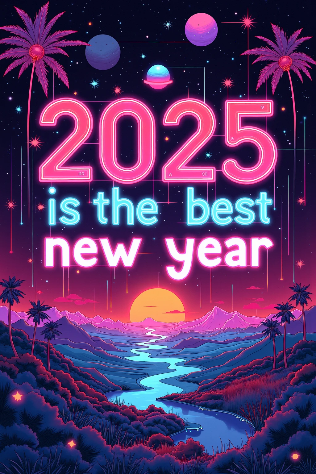 "2025  happy new year" Posters Celebrating the New Year with , Design Combining Past and Future , Retrofuturism , Letters as Headlines {x} Geometric and colorful designs that reinterpret 1980s elements in a modern way,Future Dusk , Transcendent Pink ,  Dynamic Typography , Gradients and Metallic Effects on Posters , Reed Glass-like Transparency 