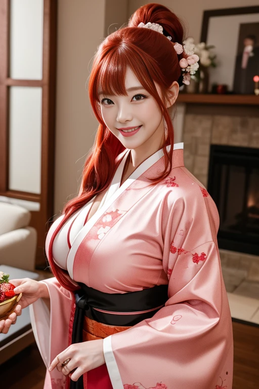  1 girl is carrying New Year's food, solo,  cowboy shot , Long-sleeved kimono,  red eyes, Bright red hair,  long hair, Bang Bangs,  low ponytail, pink ribbon hair accessory ,  big breasts, Wedding ring on left hand,  smiles,  living room 