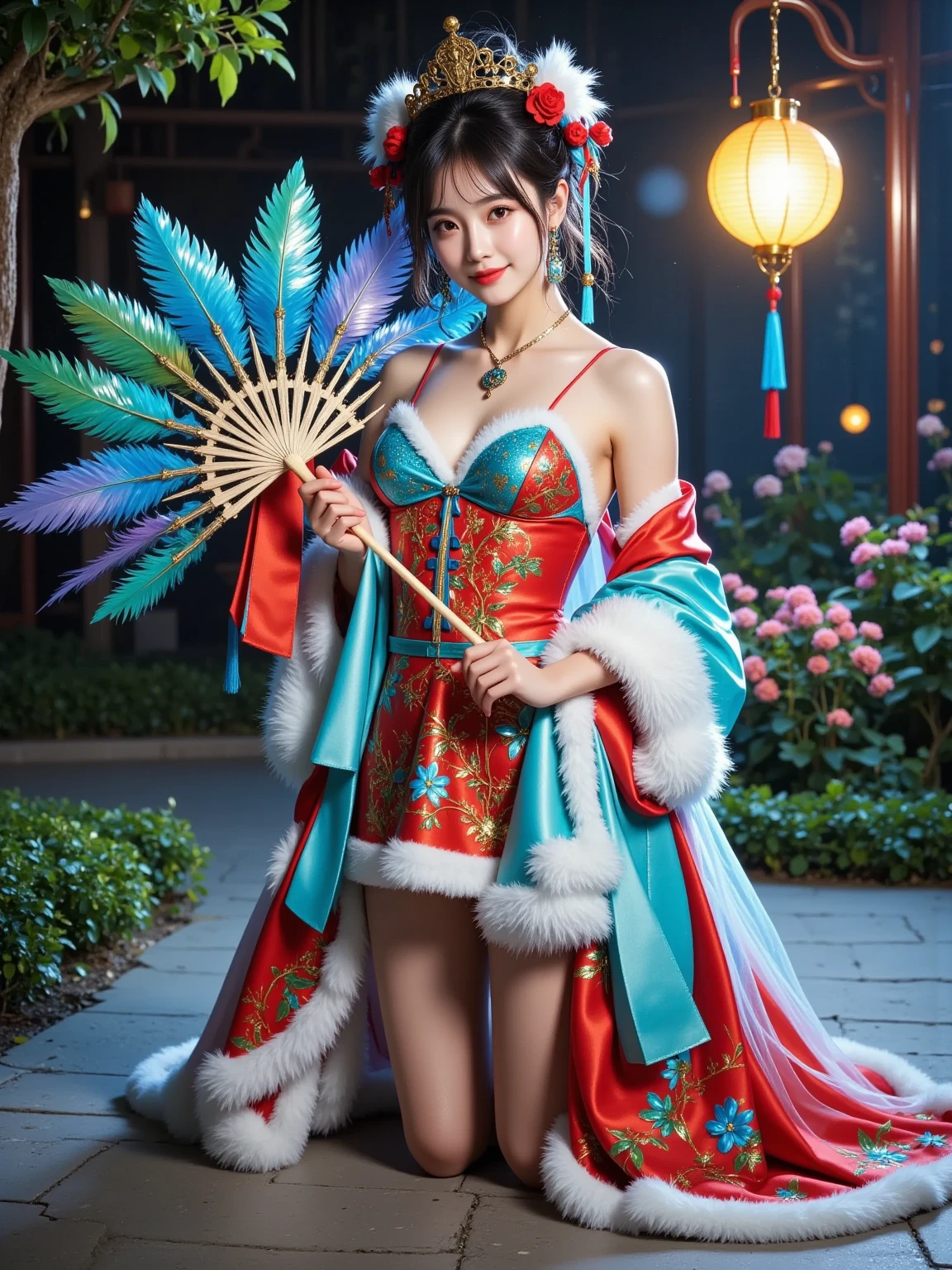 Ultra realistic
portrait, Stunning delicate and refined Chinese woman stands in a quiet garden, holding a magnificent, exquisitely crafted luxurious fan that covers the lower part of her face, and her eyes are open; the fan has an elegant lattice, unique coloring, interweaving of bright feathers and silk tassels that sparkle in the soft golden light of a traditional Chinese lantern; the majestic beauty of the fan, the refined features of the woman's face, her striking gaze, evoke the unrivaled elegance and mystery of the East.