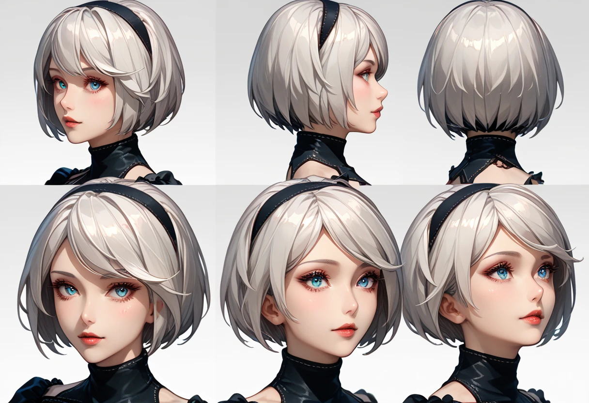 character sheet desing lady 2b from nier automata, only head. beauty face, perfect proportion, beauty, ultra detailed face. view: front view, back view and (orthogonal side view) . (only head view) 3 views. beauty eyes. (((orthogonal views))), no perspetive only orthogonal views. straight head, orthogonal view. symmetry. only 3 views, only orthogonal views. back view, one view from back