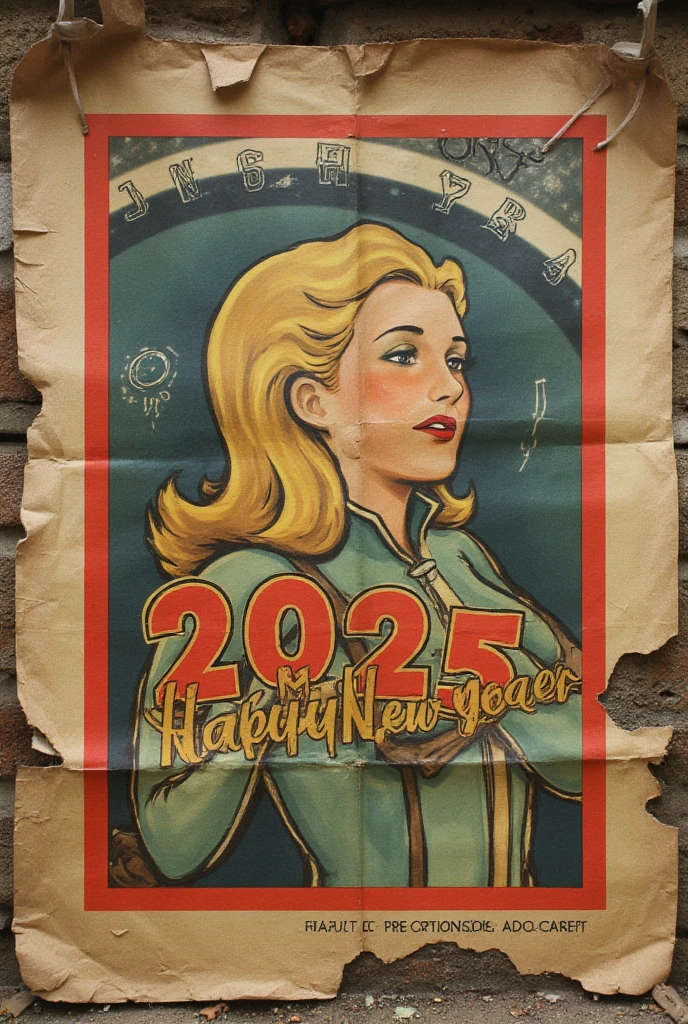 Fallout post apocalypse new year 2025 ruined old poster posted on ruined wall, beautiful long hair vault girl presenting happy new year 2025, poster half blown by wind, weathered, browned paper. Letters on poster: HAPPY NEW YEAR 2025 