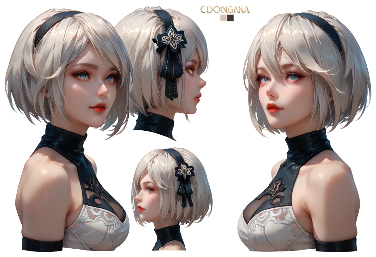 character sheet desing lady 2b from nier automata, only head. beauty face, perfect proportion, beauty, ultra detailed face. view: front view and (orthogonal side view) . (only head view) 2 views. beauty eyes. (((orthogonal views))), no perspetive only orthogonal views. straight head, orthogonal view. symmetry. only 2 views. only orthogonal views. front, side and back
