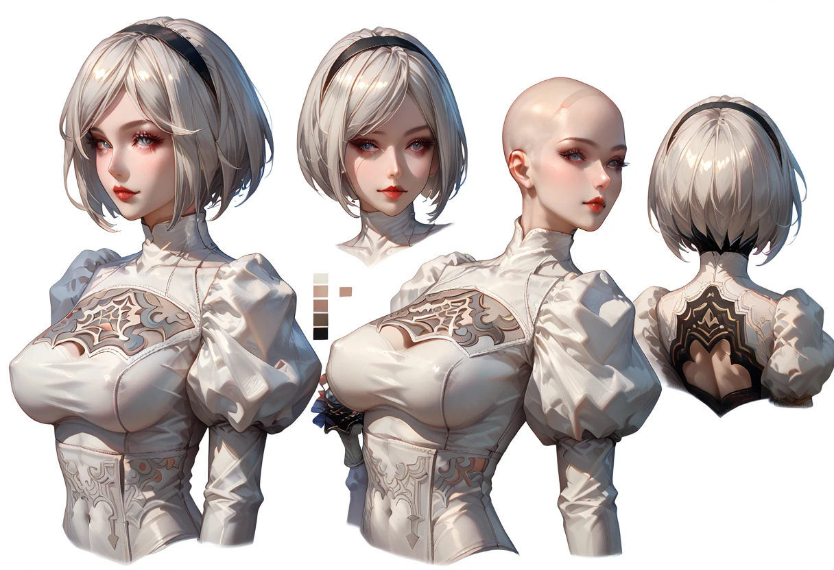 character sheet desing lady 2b from nier automata, only head. beauty face, perfect proportion, beauty, ultra detailed face. view: front view, back view and (orthogonal side view) . (only head view) 3 views. beauty eyes. (((orthogonal views))), no perspetive only orthogonal views. straight head, orthogonal view. symmetry. only 3 views, only orthogonal views. back view, one view from back. bald no hair