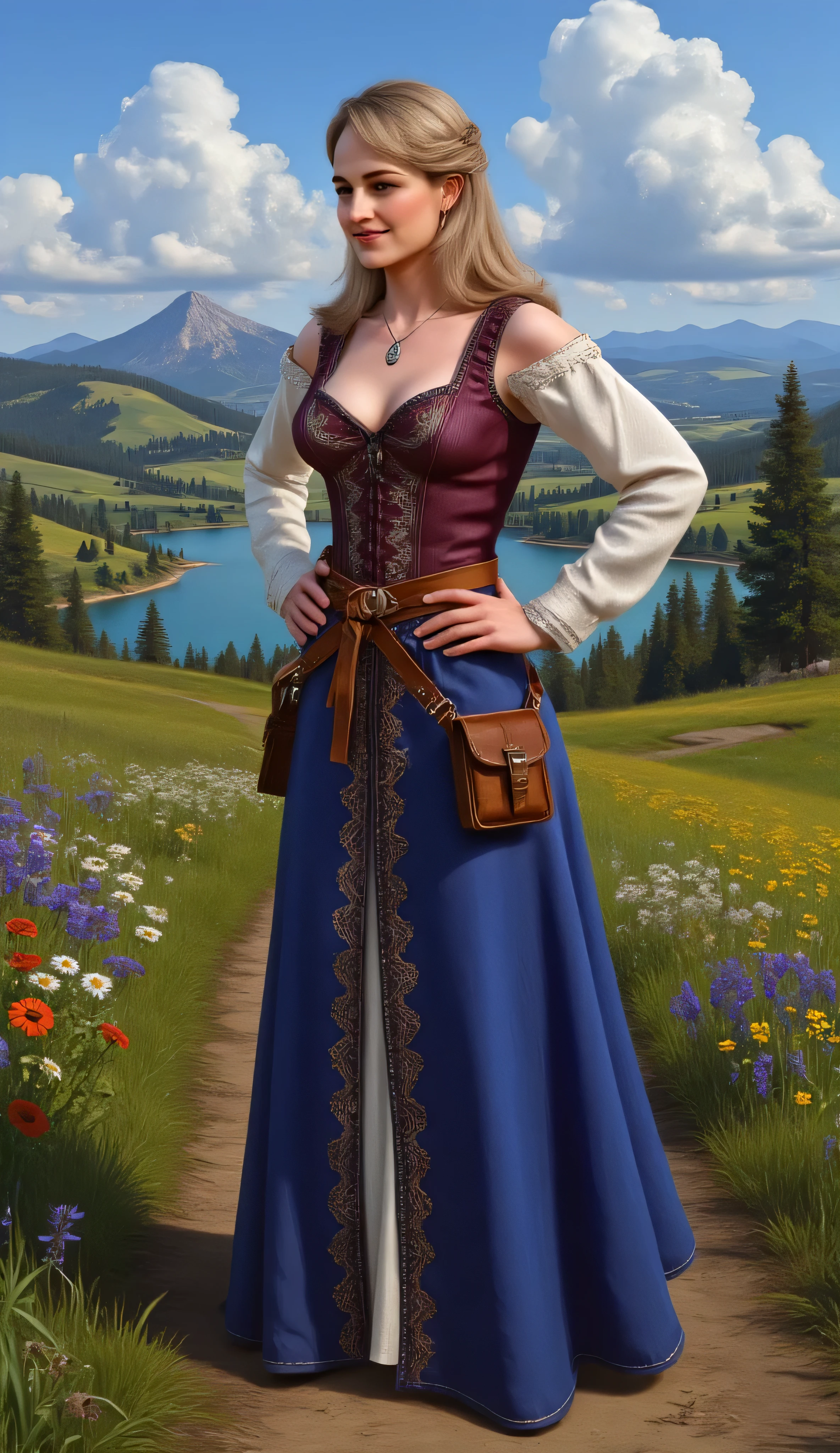 photograph of Helen Hunt as keira_metz, detailed low-cut corset-style blouse with intricate embroidery, flowing skirt, leather accessories like a belt and pouch, standing gracefully, stunning medieval fantasy scene, picturesque countryside landscape, confident expression, elegance, strength, serene lake, vibrant wildflowers, lush green hills, distant mountain range, clear blue sky, soft natural lighting, serene environment, w4rh4mm3r style oil painting