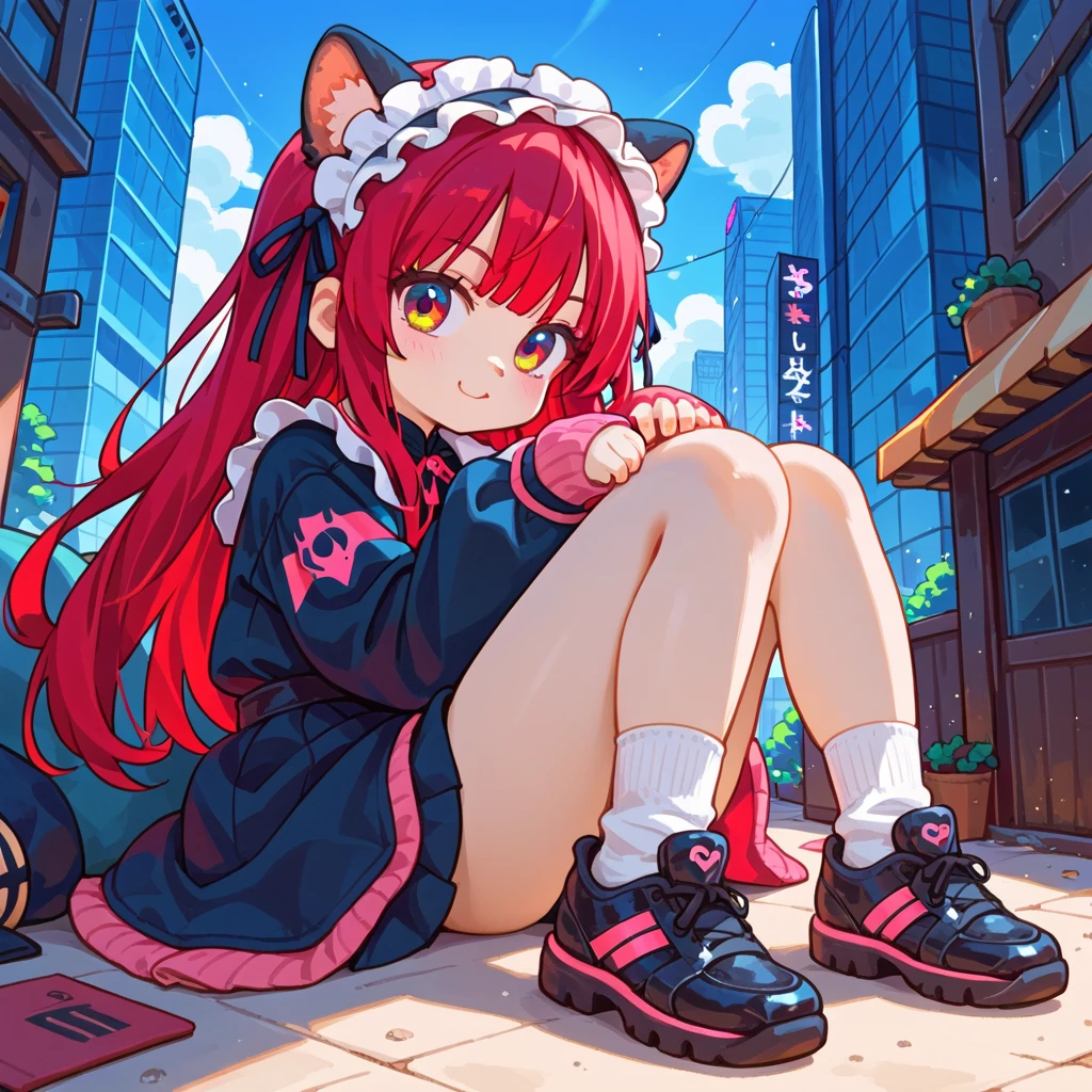 "A young girl with bright red hair , bright skin, and the soft expression , wearing future clothing .  The girl sitting , black shoes .  The background is plain black ,  paw pose , gives full focus to the character of the girl ,cute chibi . Lolita Hairband. "