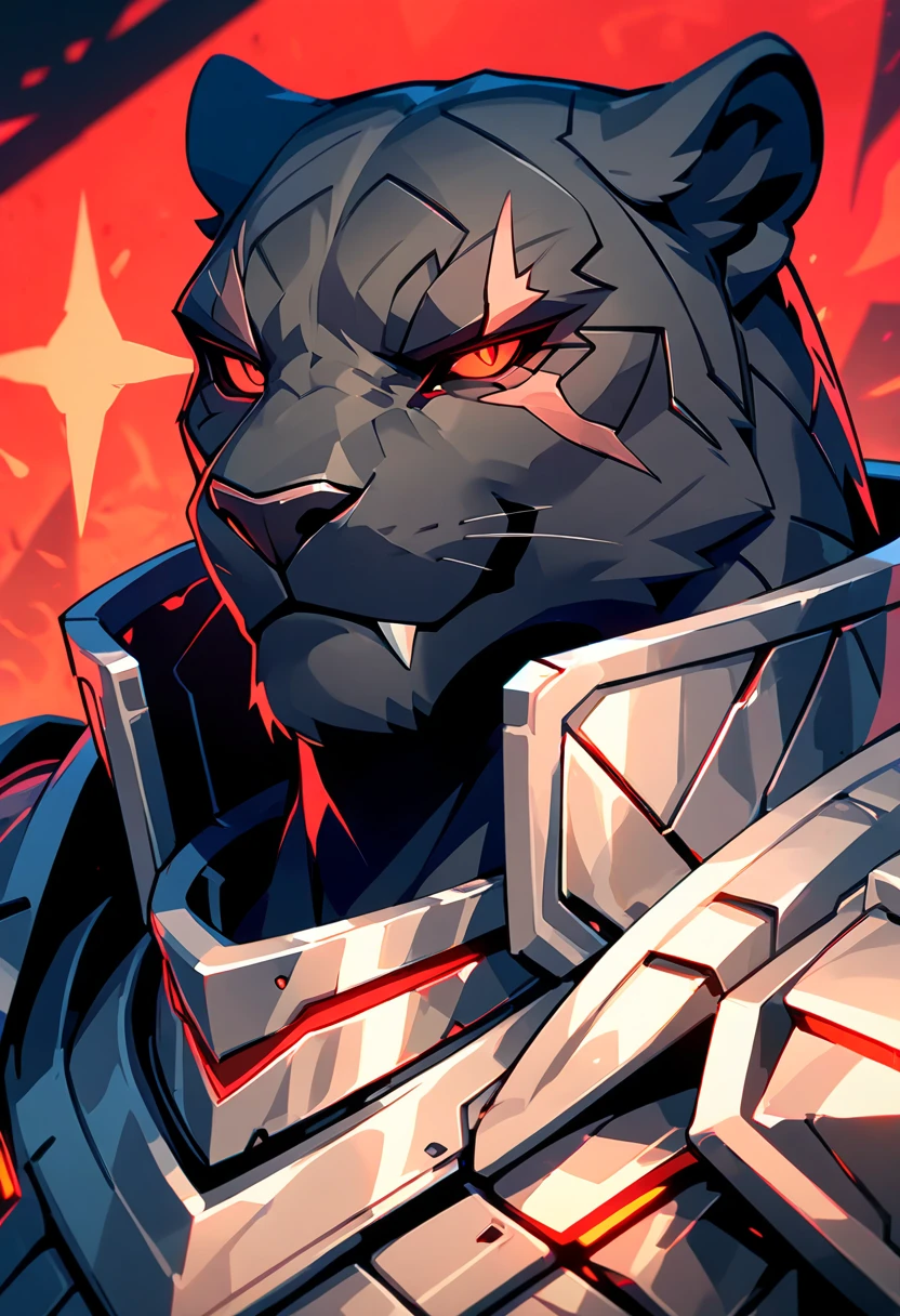 handsome anthropomorphic black panther with a black pelt wearing black cyber knight armor, red eyes, arrogant, cocky, superiority complex, war general, scar over right eye, black cyber armor with red lighting, furry art, light novel art, detailed anime style, masculine, villainous, villain, evil, cool, intimidating, cyber knight, smirking, villain smile, sexy