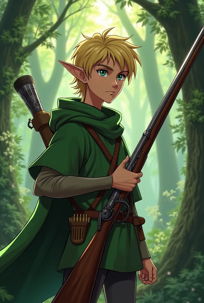 Blonde, elf, male, teen, slender, ranger, green poncho, shaggy hair, serious expression, forest, bandolier, rifle, fantasy, medieval, musket, anime style.