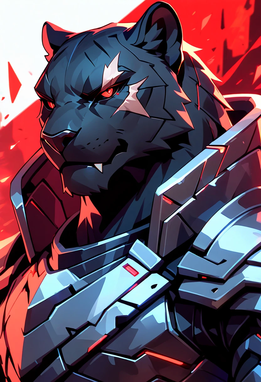 handsome anthropomorphic black panther with a black pelt wearing black cyber knight armor, red eyes, arrogant, cocky, superiority complex, war general, scar over right eye, black cyber armor with red lighting, furry art, light novel art, detailed anime style, masculine, villainous, villain, evil, cool, intimidating, cyber knight, smirking, villain smile, sexy