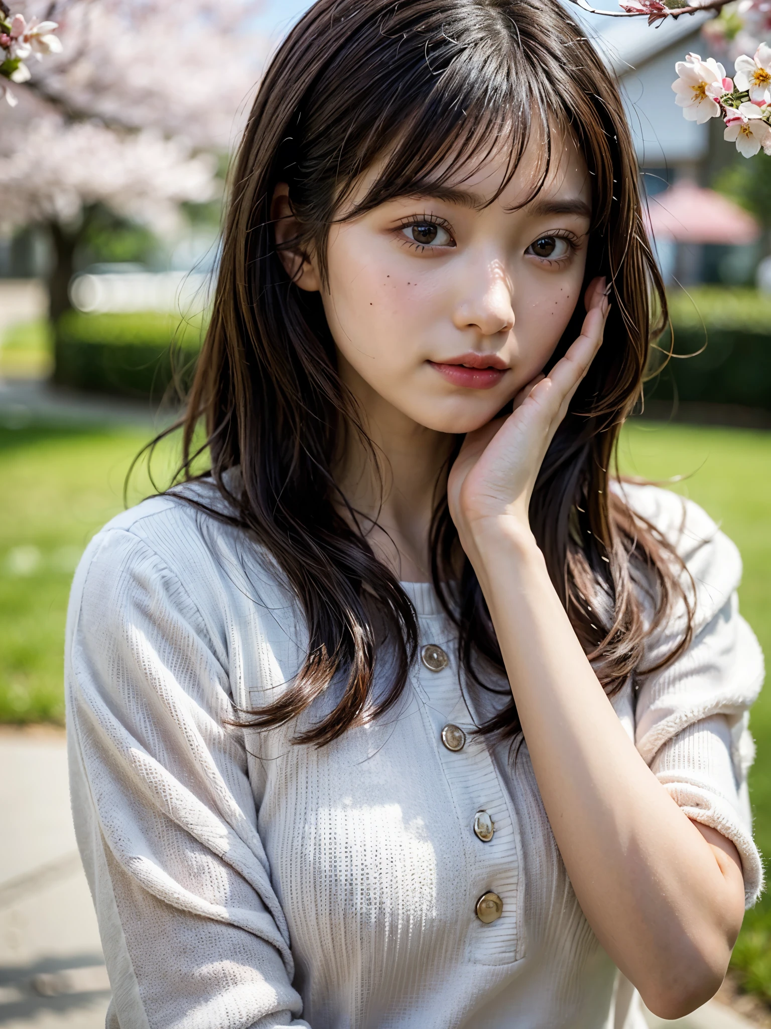 (top-quality、16K resolution)女の子1人、独奏、natural soft light、A Japanese Lady、Looking at the camera、Facing the front、is standing、long、Woman in her late teens、Light bangs、Salon model、Natural look、portlate、floated hair、