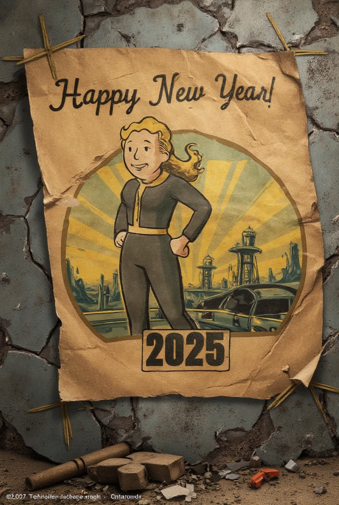 Fallout post apocalypse new year 2025 ruined old poster posted on ruined wall, beautiful long hair vault girl presenting happy new year 2025, poster half blown by wind, weathered, browned paper. Letters on poster: HAPPY NEW YEAR 2025 