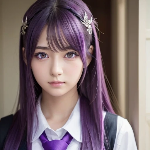 2D, masterpiece,  top quality, Anime,  very detailed,  One Girl , Alone, Yuri,  purple eyes,  purple hair,   hair between eyes ,  hair clip,  school uniform, Yandere face