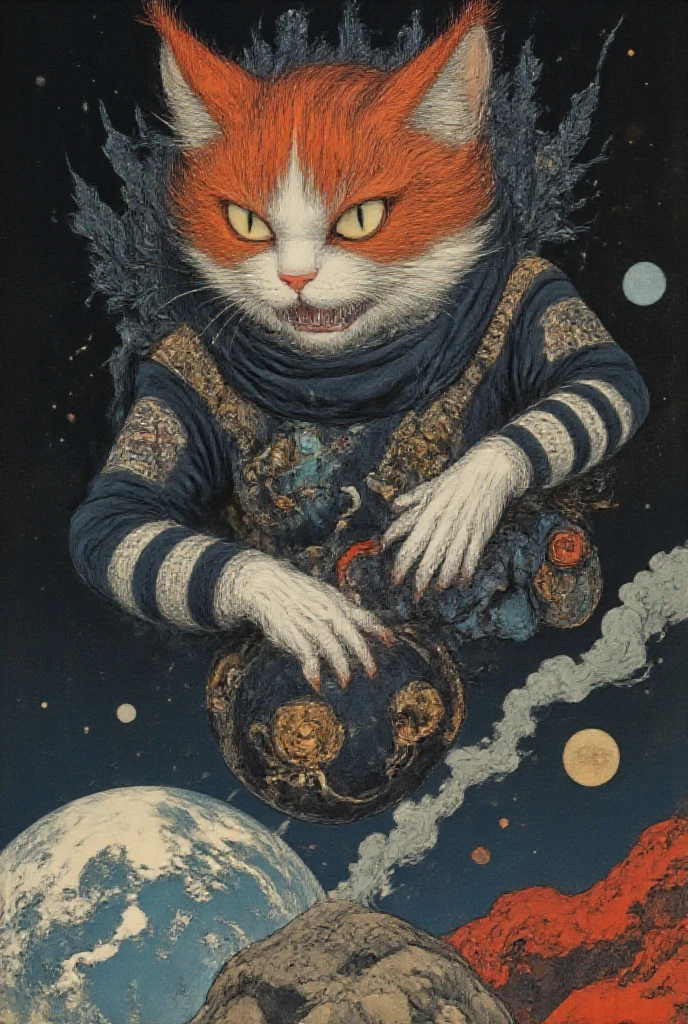 ( view Countertop )  Illustration of a  " astronaut priest cat " ( space traveler ) ( orange fur ),  standing on a round meteorite embedded in the earth,  holding his helmet between his arm and hip ,  the cat has a challenging look ,  astronaut costume . " anthropomorphic cat ". ( science fiction) (astronaut) (esotericism) (Catholic punk ). inspired by Tim Biskup, Adobe Illustrator Art,  in the style of digital illustration, Created in Adobe Illustrator, Behance vector hd ,, Fabulous Illustrations,, Occultism.  A beautiful artistic illustration  (DUNE FICTION ) (( ultra detailed)) (8K)