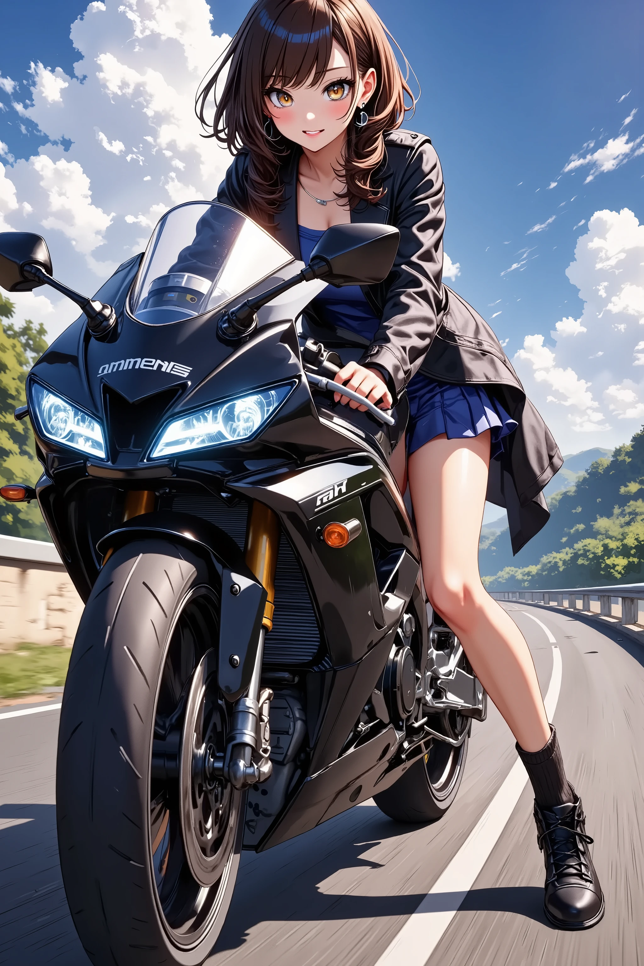 "Mecha Cyber Girl,wearing her helmet,Sit on a cyberpunk-style motorcycle,scenic view,Full of fashion tension,Personality at sunset,Hair and skirts that swing in the wind,Although there are no details described,However, the image quality and scenery need to be extremely detailed and detailed。"