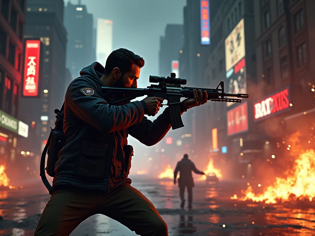 create gangster shooting game render like GTA 5 game, background shooting fighting environment, FPS Game