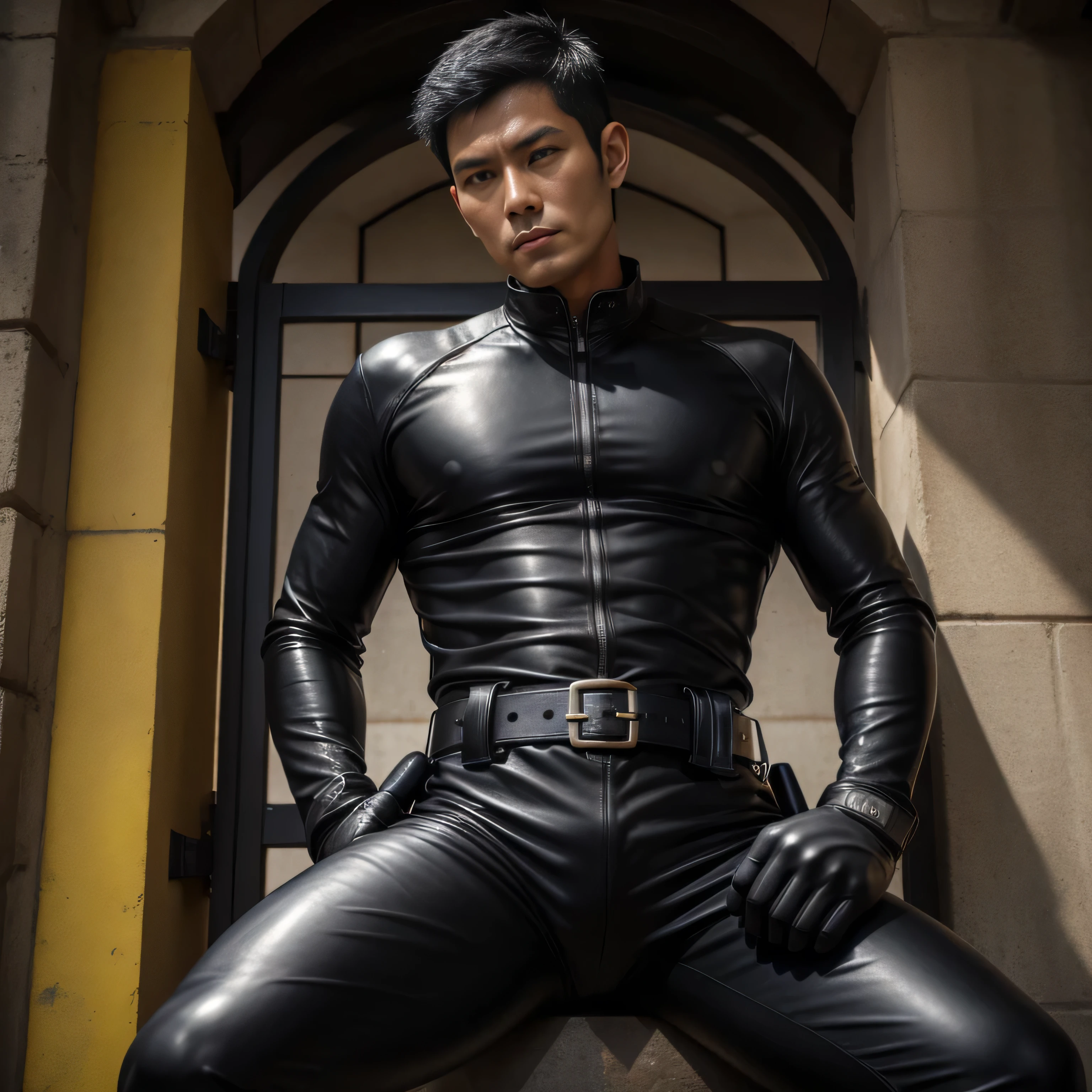 Body Su 1t, photore (Korean male) wearing bodysuit, huge muscle，See-through, Underground nightclub, Dancing, Facial hair, Realistic, Masterpiece, Intricate details, Detailed background, Depth of field,（（（The crotch is raised）））