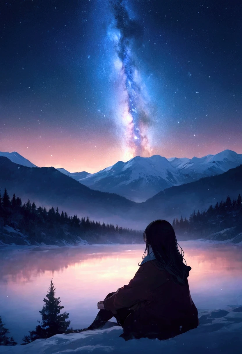 Night Sky, star( Sky),  Scenery, Milky Way,  one girl , solo, Outdoors, Built, Cloud,  Milky Way,  is sitting, tree, Length Hair,  silhouette,  snowy mountains, top quality,High quality details,８Ｋ