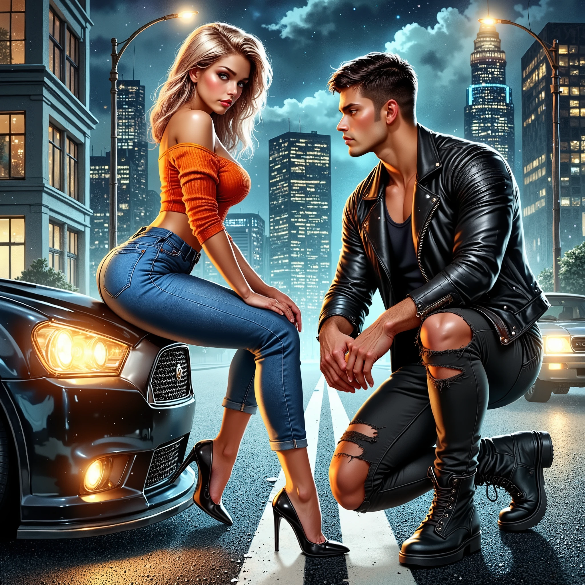  Glossing full-waist scene Digital realistic illustration is a dynamic full-length scene .  Beautiful naive gentle 18-year-old woman in a contrasting bright top and jeans a man with SHINY blond hair ,  sits sideways on the car's bumper by a handsome brutal 35-year-old muscular male thug with short black hair, in black ripped jeans , t-shirt and black biker jacket .   Against the backdrop of an empty night street in a modern metropolis  . Sunlight illuminates every figure . BRIGHT,textural, three-dimensional , bright rich complementary colors .dynamically.textural.  correct anatomy proportions .right hands .  Model beautiful faces . Perfect for a book .vibrant hue saturation.