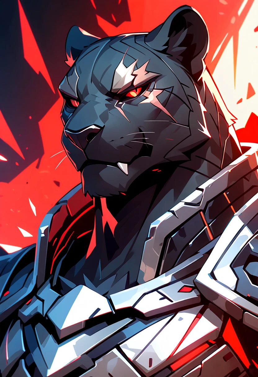 handsome anthropomorphic black panther with a black pelt wearing black cyber knight armor, red eyes, arrogant, cocky, superiority complex, war general, scar over right eye, black cyber armor with red lighting, furry art, light novel art, detailed anime style, masculine, villainous, villain, evil, cool, intimidating, cyber knight, smirking, villain smile, sexy