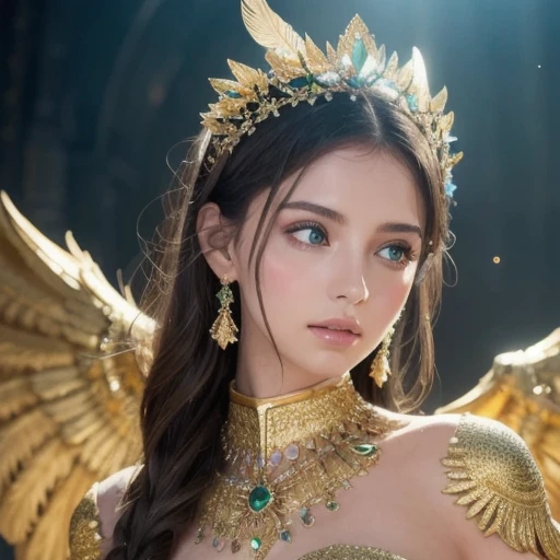 The Fantastic Figure of a Delicate Woman , Glowing Feathers, Surrounded by glitter ,   Graceful Statue of a Woman with Magical Creatures Scattered with Underground Skin,  Shiny Skin,   Iridescent Dress ,  detailed background, ([ Elizabeth Olsen |  Anne Hathaway  | Selena Gomez ]:0.8), Round and cute face,  green eyes, close-up, Amazing details,  Nikon D850 Film stock photography Kodak Portra 400 camera f1.6 Lenses, Wide range of colors,  vibrant texture, Dramatic lighting,  Unreal Engine , artstation trending,  Sinestil 800 Tungsten 