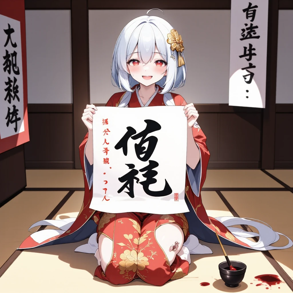 pronpt :
DECORATION: 
(highest quality illustration), (masterpiece), (detailed), 
BASE STYLE:
Bright, vibrant colors, soft lines, rounded shapes, digital illustration, anime style, playful.
CHARACTER:
((attractive zombie girl)), pale blue skin, silver hair, short bob, glowing red eyes, (stitches on the face), (stitches on the limbs), joyful and proud expression, soft smile, slightly flushed cheeks,ACTION:
kneeling in seiza position, holding up the completed calligraphy paper with both hands, slightly tilting her head, showing the large kanji with satisfaction, calligraphy brush resting on the inkstone beside her, looking at the viewer or paper with a happy and proud expression.
DETAILS:
thick calligraphy brush on the side, bold and large kanji on the completed paper, slight ink smudges on her fingers, paper placed neatly on tatami mat, subtle ink splashes on the floor, kanji reading " happy new year " or "Yingchun", the edges of the paper curling slightly.
CLOTHING:
wearing traditional Japanese kimono, ((vivid red kimono)), intricate floral patterns in white and gold, black and gold obi, white tabi, sleeves slightly rolled up.
BACKGROUND:
traditional Japanese room with a tokonoma (Japanese alcove), " happy new year " calligraphy hanging scroll, tatami flooring, calm and festive New Year atmosphere.
LIGHTING:
soft ambient morning light, gentle shadows, warm glow on the character and surroundings, reflected light on the ink and paper.
ATMOSPHERE:
serene, Elegant, peaceful, traditional Japanese aesthetics, New Year celebration, sense of accomplishment and pride.