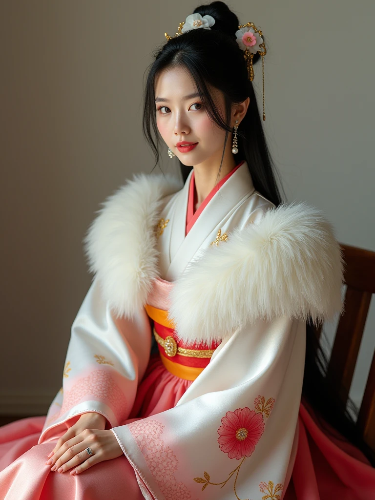 (8k, realistic, RAW photos , top quality: 1.4, Details), Japanese Idol Style Beautiful Girl ,18 years old, model,1 person,( black hair),(Japanese hairstyle(Stand Up )),Pretty little flower hair ornament (White,gold), clear gray eyes , long lashes,(piercings( small,pearl)),( lip gloss),lips(Plump,glossy), clear white, fine skin ,Long, thin neck,Beautiful neckline ,(feather shawl (White,Wide)),Thin and delicate shoulders,(Thin and beautiful fingers(Manicure(vermilion),ring( diamond with s))), Traditional Japanese Folk Costumes , dress(Long-sleeved kimono(Long sleeves),Long length,Silk fabric ,Whiteと赤色のグラデーション,Many Large Floral Patterns (plum,Wisteria,peony,Gold Thread ),The collar fit is deep),Thick Belt( drum knot ), simple belt fastening, socks,Sandals,studio,Twenty year old commemorative photo, she's sitting on a chair, she has her hands aligned on her thighs , looking at the camera and smiling gently , Frontal View ,( full body shot snap)