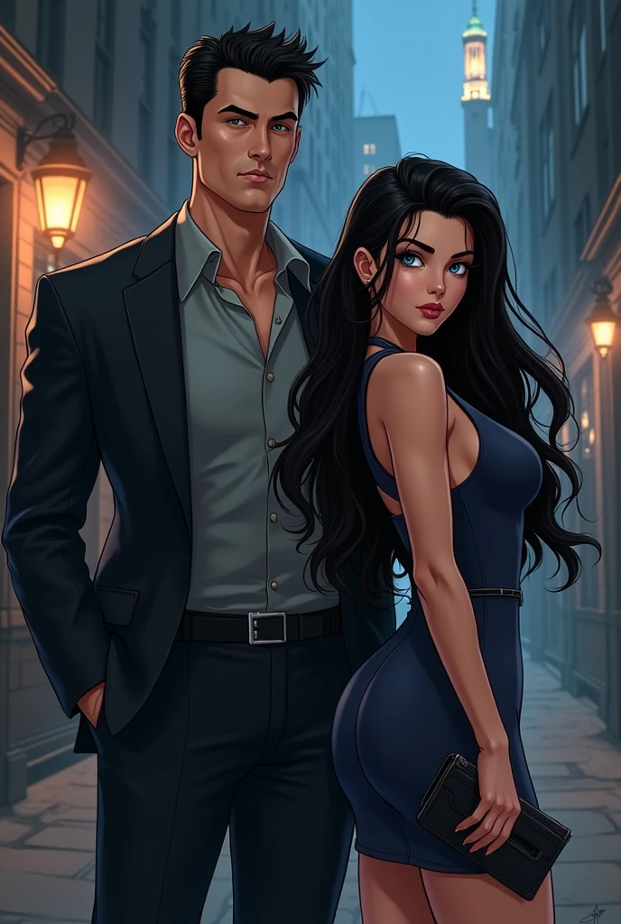 comics: a white woman with dark, wavy black hair, with a passionate look wearing a tight black dress hugging her curves.

The woman looks at a man who is leaning against the wall wearing a black dress shirt and black dress pants while smoking, his possessive hands are on the woman&#39;s waist.

The setting is at night where it is a dark forest.

He looks at the woman with a possessive look Book cover
 
